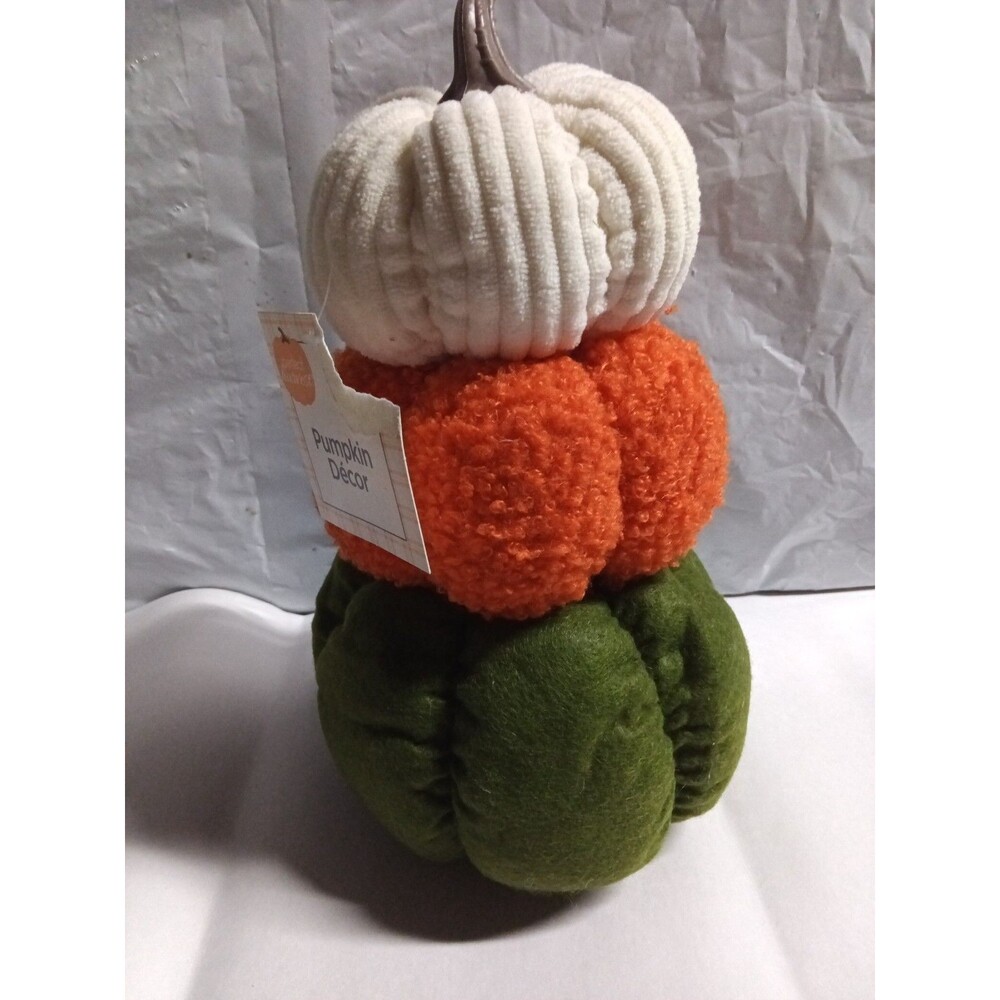 New Three Tiered Stacked Pumpkins Farmhouse Plush Fall Autumn Table Decor 11"